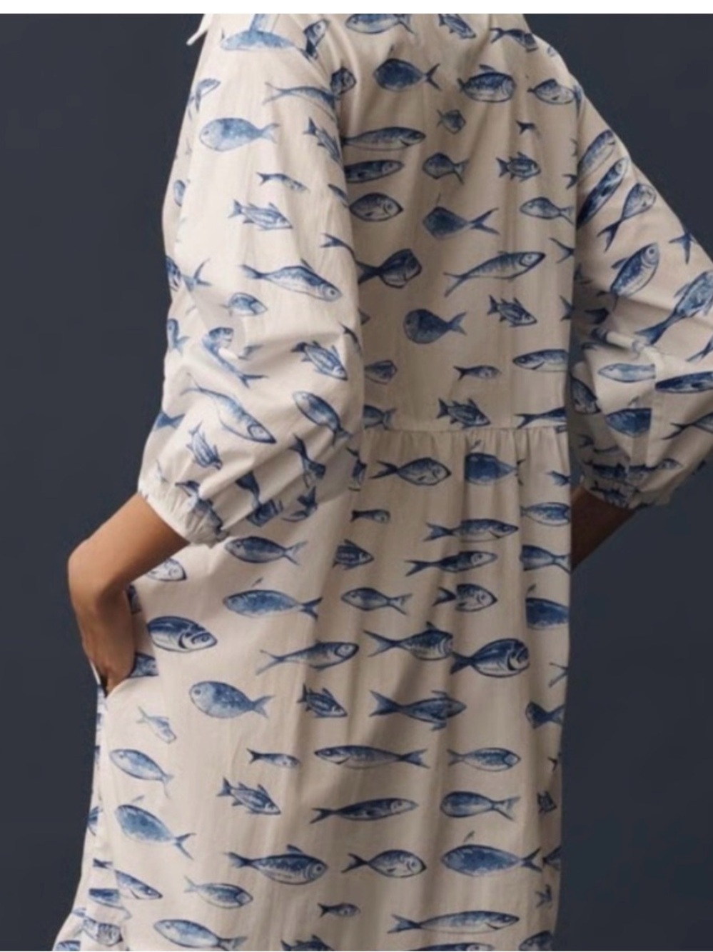 Maeve Bettina White & Blue Fish-Print Tiered Shirt Dress - Picture 3 of 13